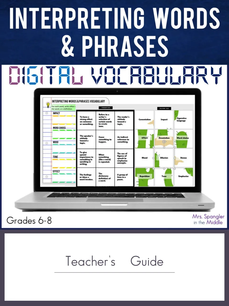 Interpreting Words & Phrases Digital Vocabulary teacher's guide cover, grades 6-8, showing organizer and secret tile puzzle