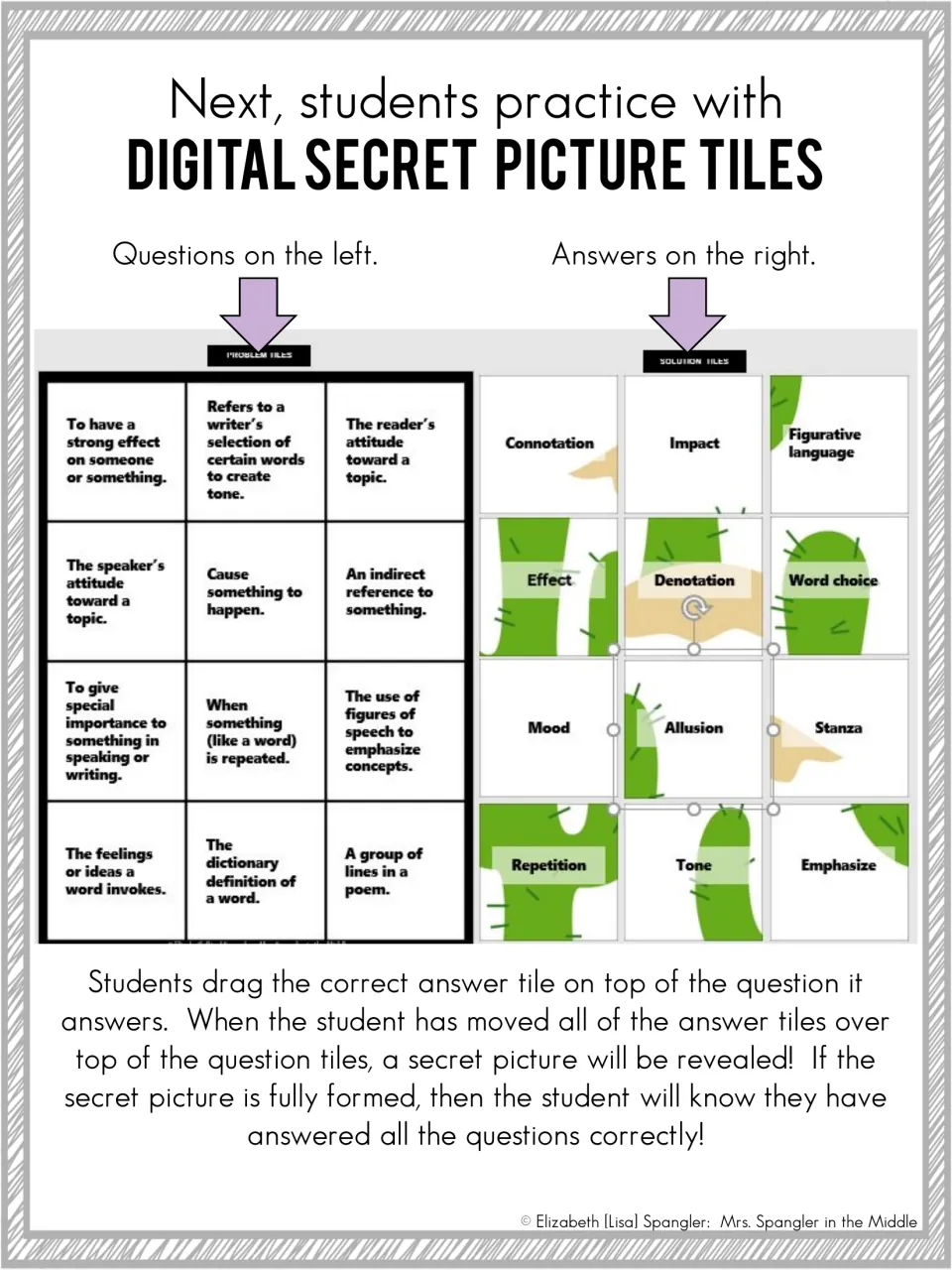 Secret picture tiles: students drag term tiles like Tone and Stanza onto matching definitions to reveal a hidden image