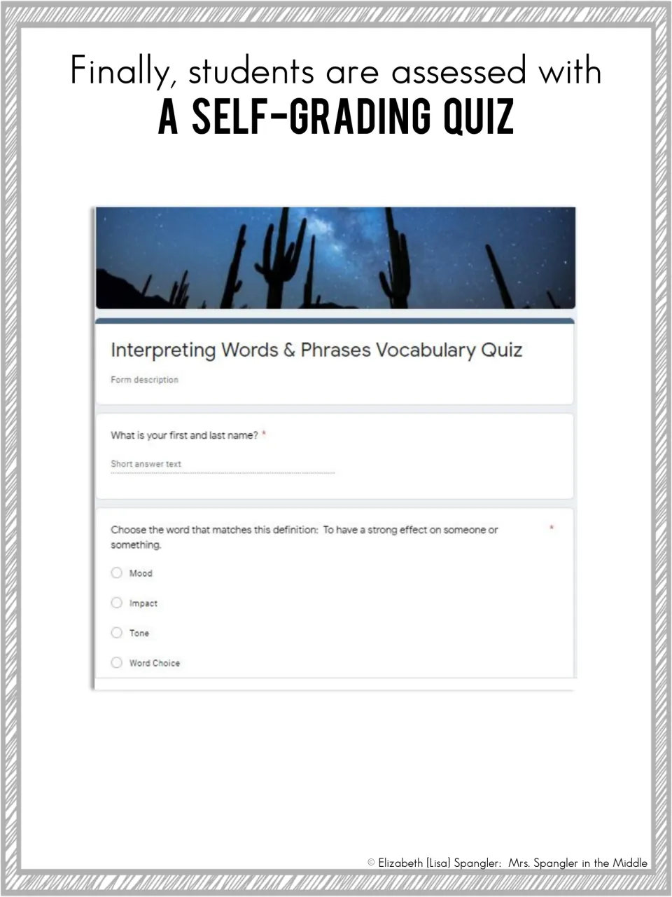 Self-grading vocabulary quiz: students choose the word that matches each definition, such as impact for a strong effect