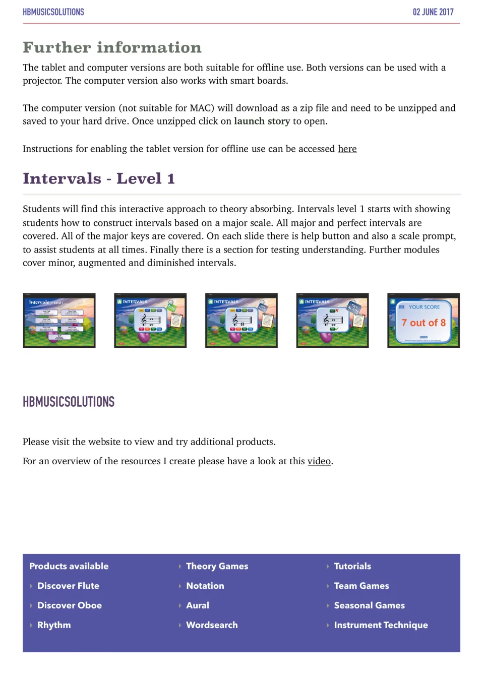 Setup notes for offline, projector and smart board use, plus an overview of building intervals from a major scale