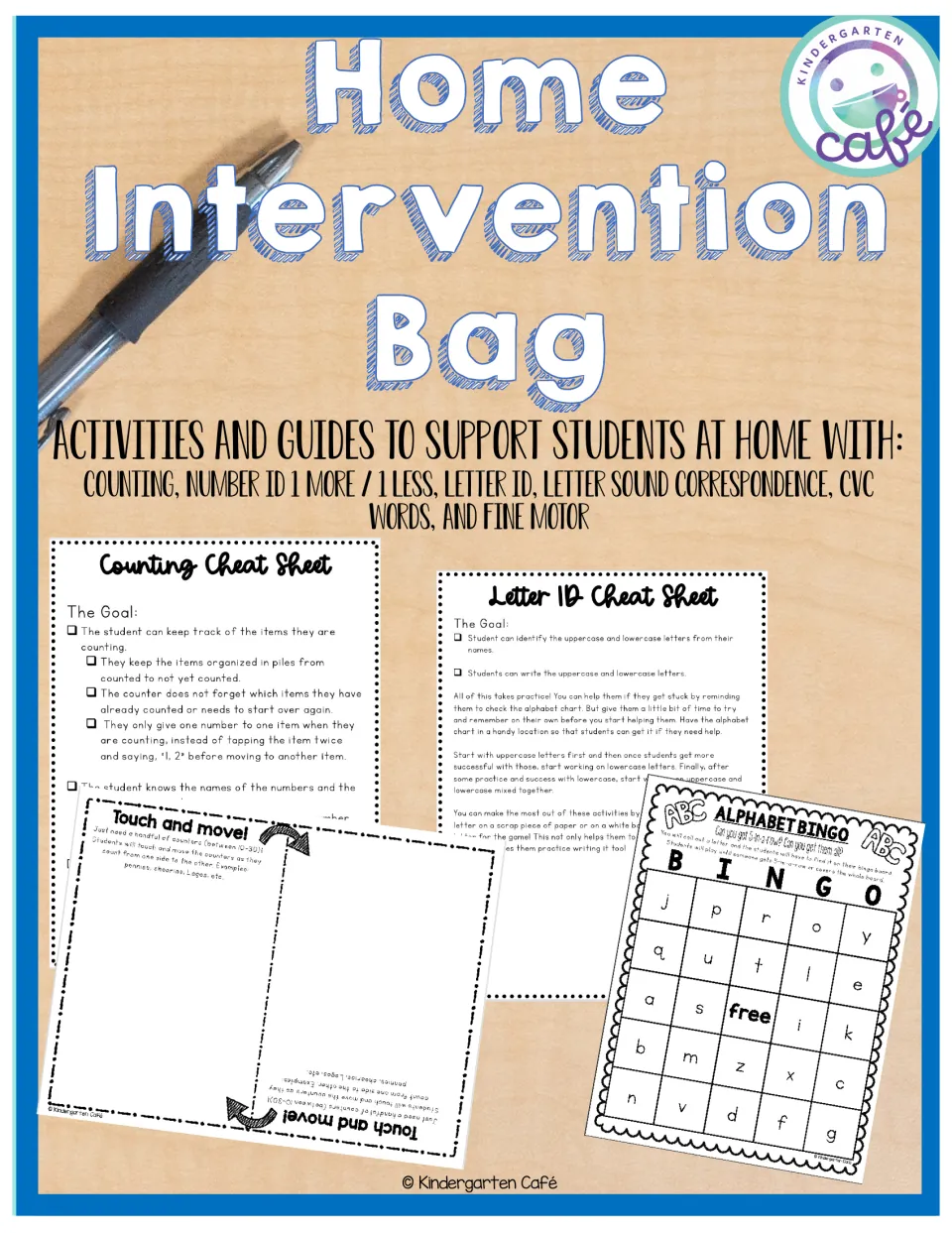 Home Intervention Bag cover: guides for counting, number ID, letter ID, letter sounds and CVC words, with Alphabet Bingo