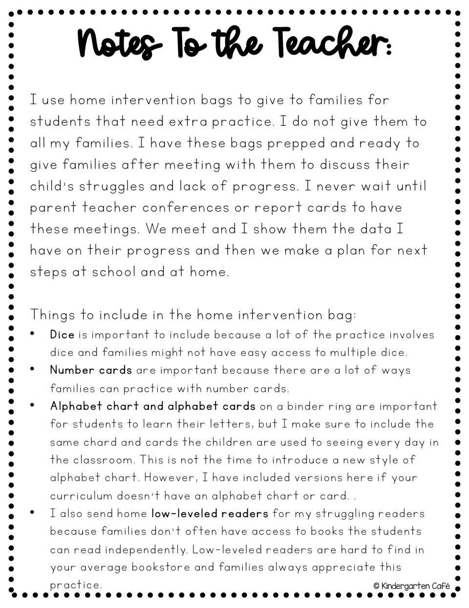 Notes to the teacher on when to send intervention bags home and what to pack: dice, number cards, alphabet cards, readers