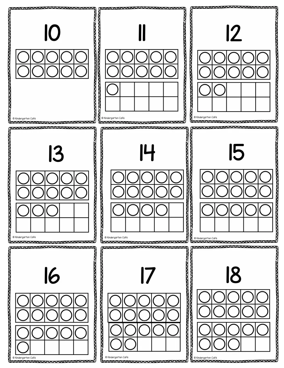 Teen number cards 10 to 18, each showing the numeral above ten frames filled with counters to match the quantity