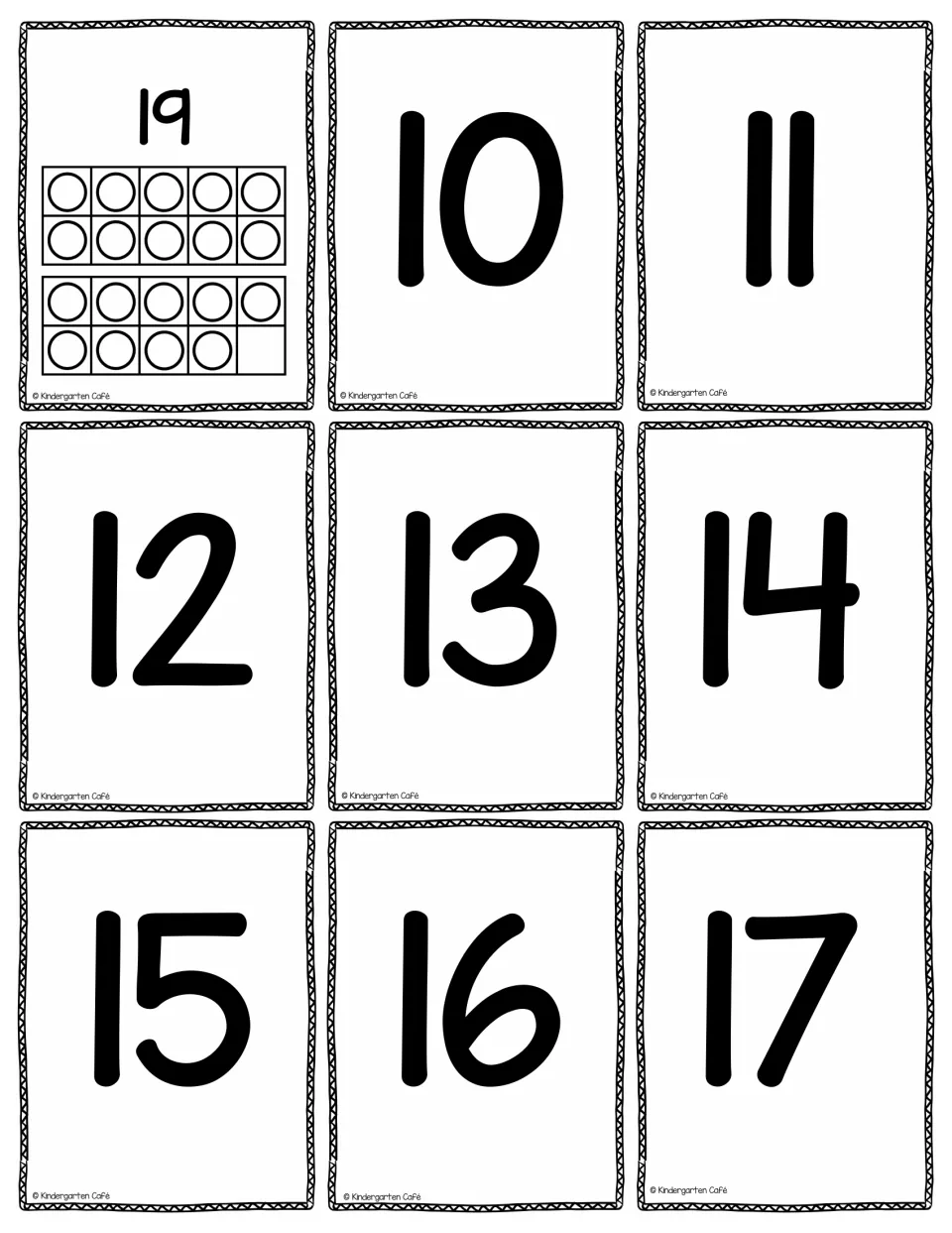 Number cards: a 19 card with filled ten frames, then numeral-only cards 10 to 17 for practising teen number recognition