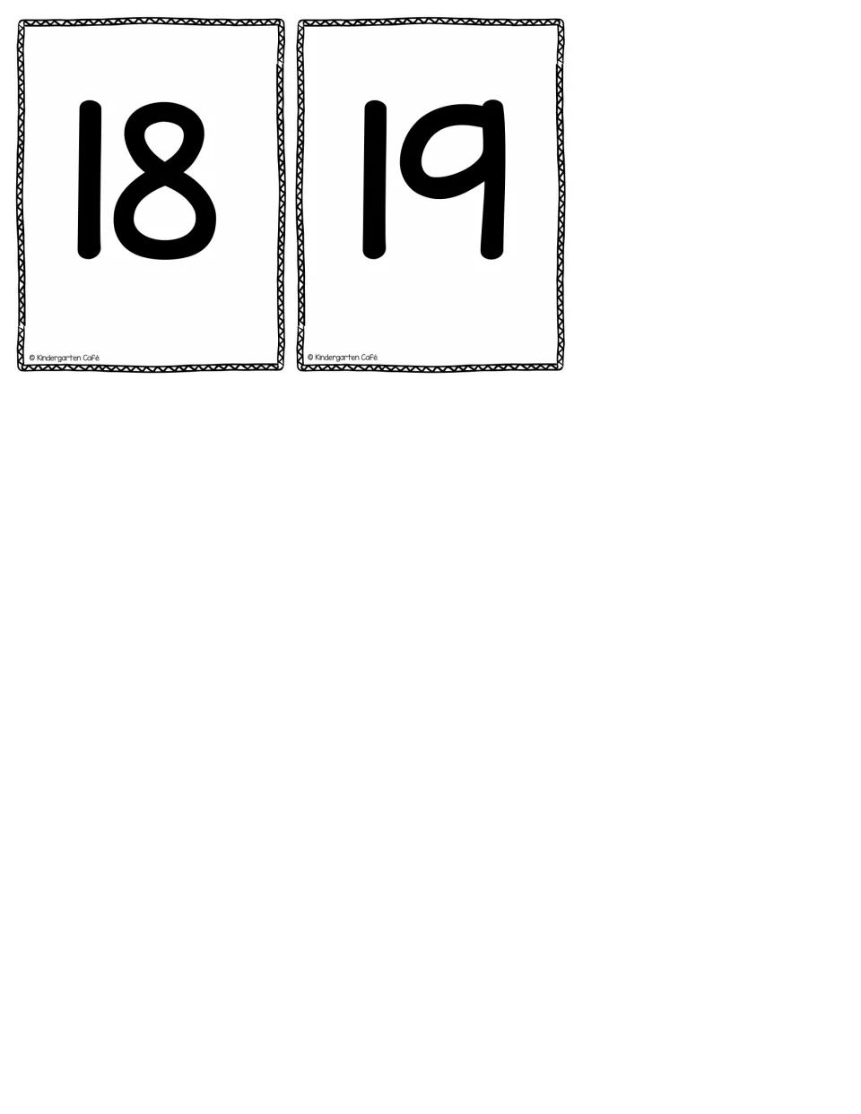 Final numeral-only teen number cards showing 18 and 19, completing the set for number identification and ordering
