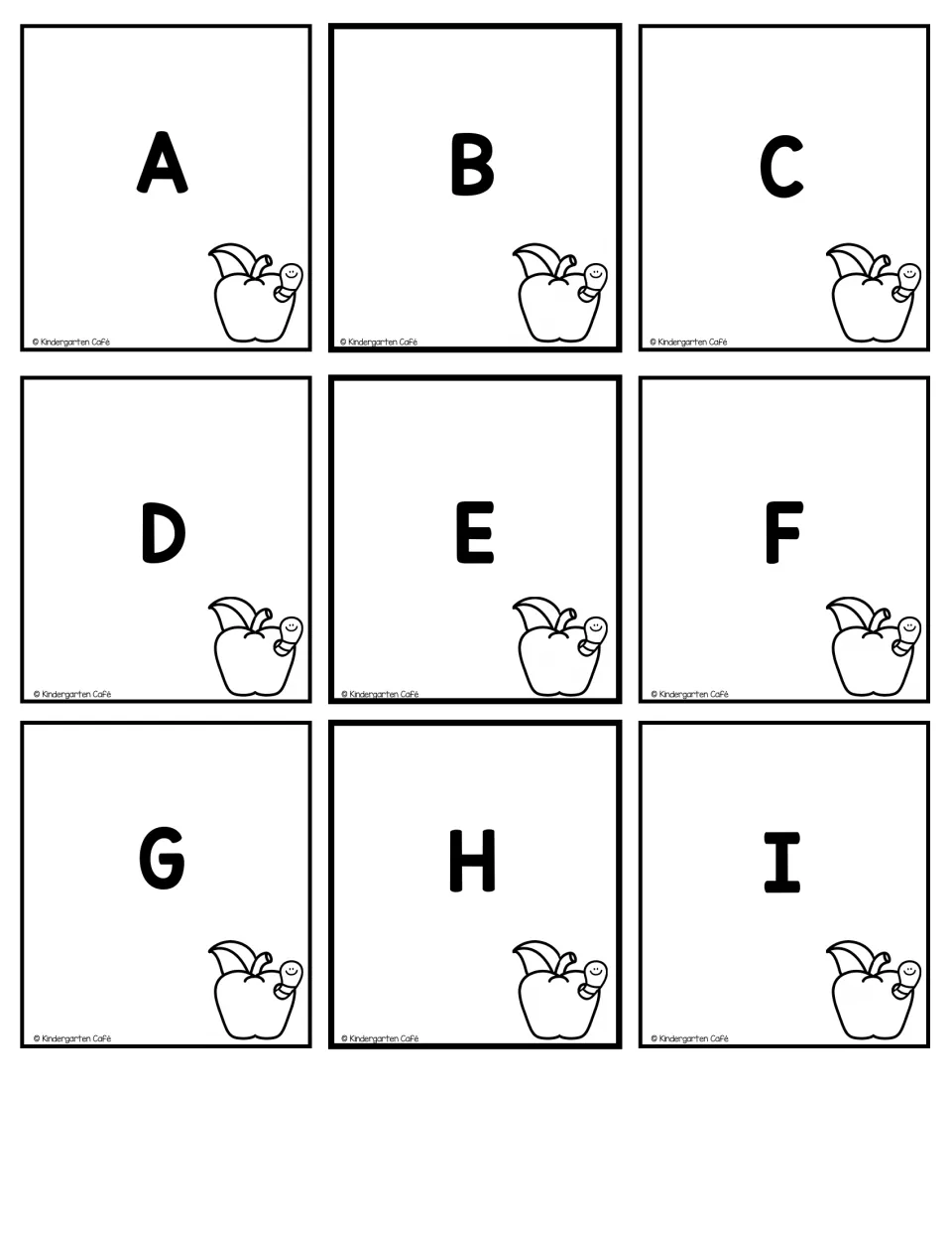 Uppercase alphabet cards A to I, each with a bold capital letter and an apple-and-worm picture, for letter identification