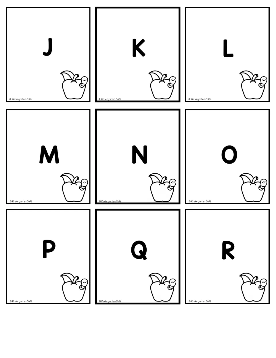 Uppercase alphabet cards J to R with apple-and-worm pictures, for naming capital letters and practising their sounds