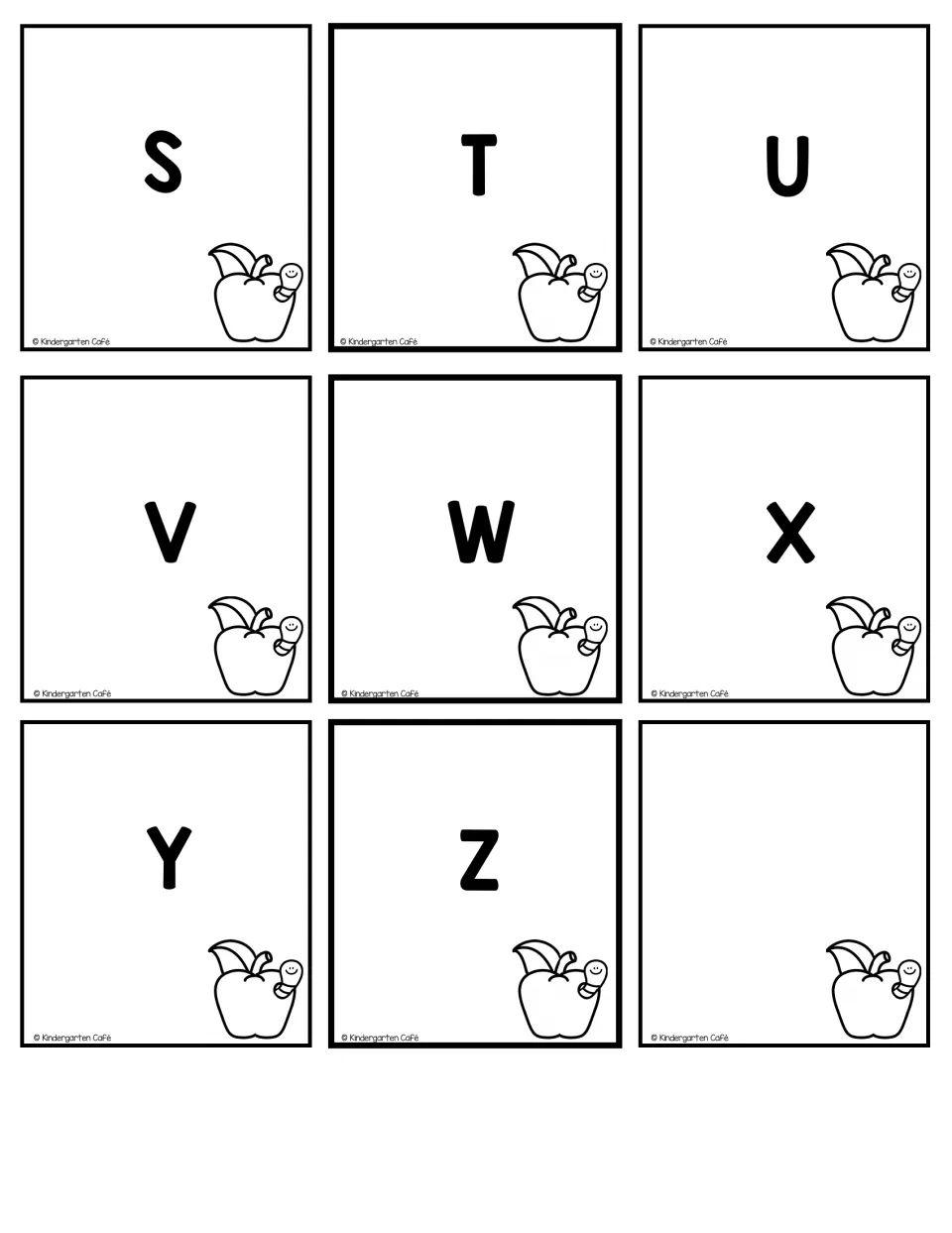 Uppercase alphabet cards S to Z plus one blank apple card, finishing the capital set for letter recognition practice