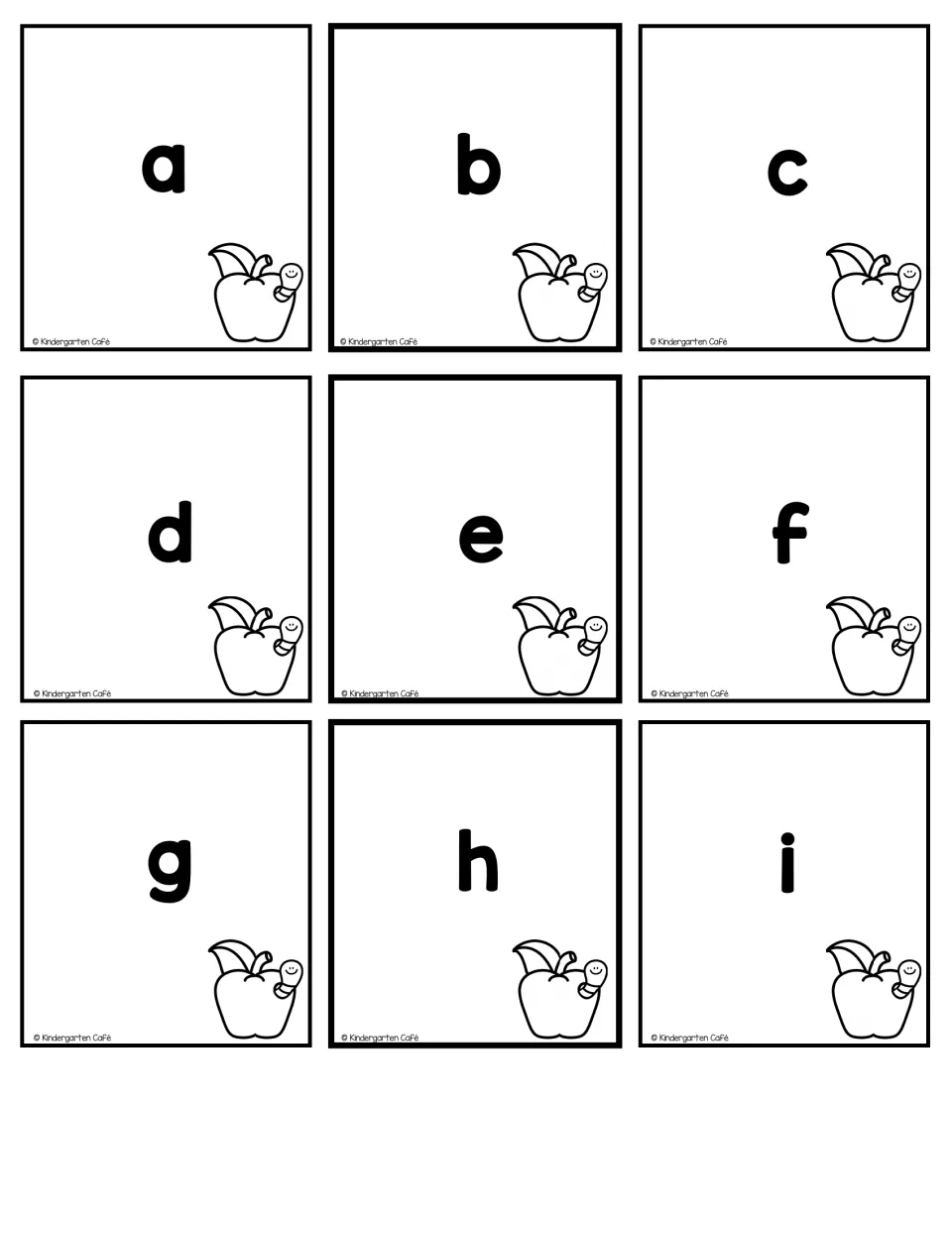 Lowercase alphabet cards a to i, each in bold type beside a smiling worm in an apple, for naming and matching
