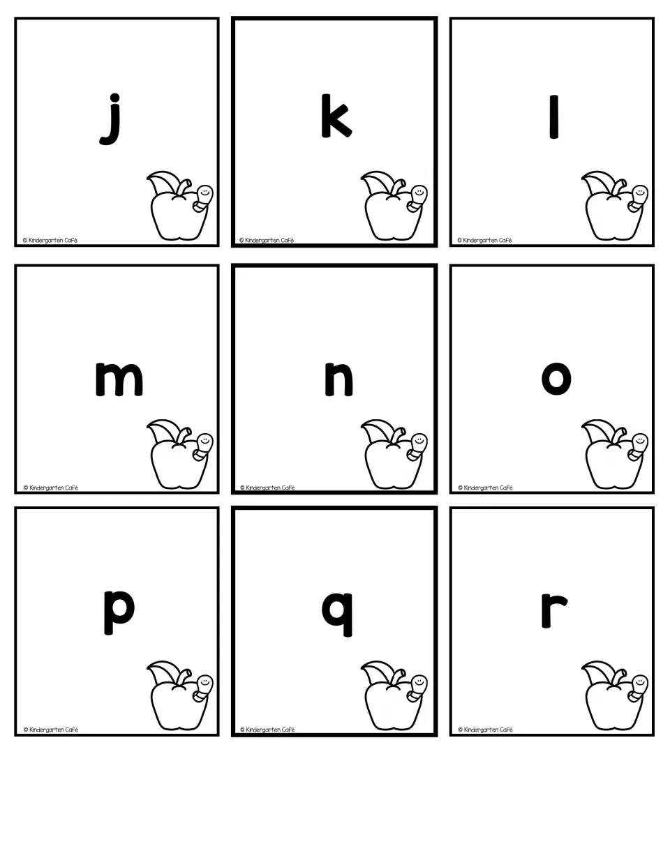 Lowercase alphabet cards j to r beside apple-and-worm pictures, for naming each one and saying its sound