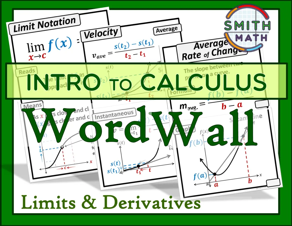 Intro to Calculus Word Wall cover for Limits & Derivatives, previewing Limit Notation, Velocity and Rate of Change sheets