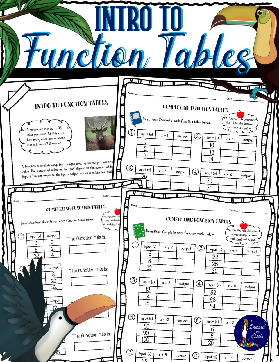 Intro to Function Tables cover showing the moose-rate lesson page and worksheets for completing tables and finding the rule