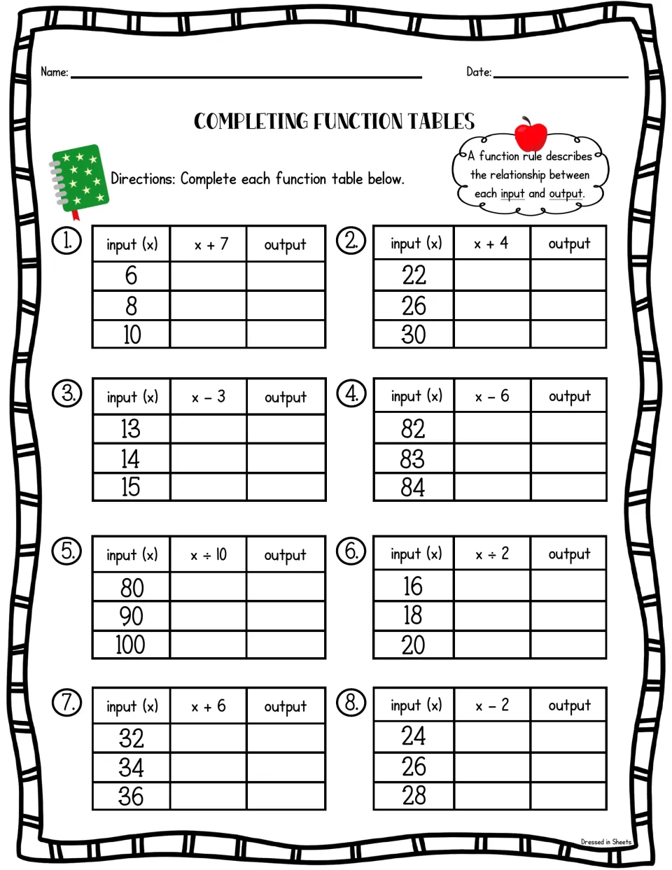 Completing function tables, set 2: students apply x + 7, x - 6, x ÷ 10 and x - 2 to fill in the outputs for 8 more tables