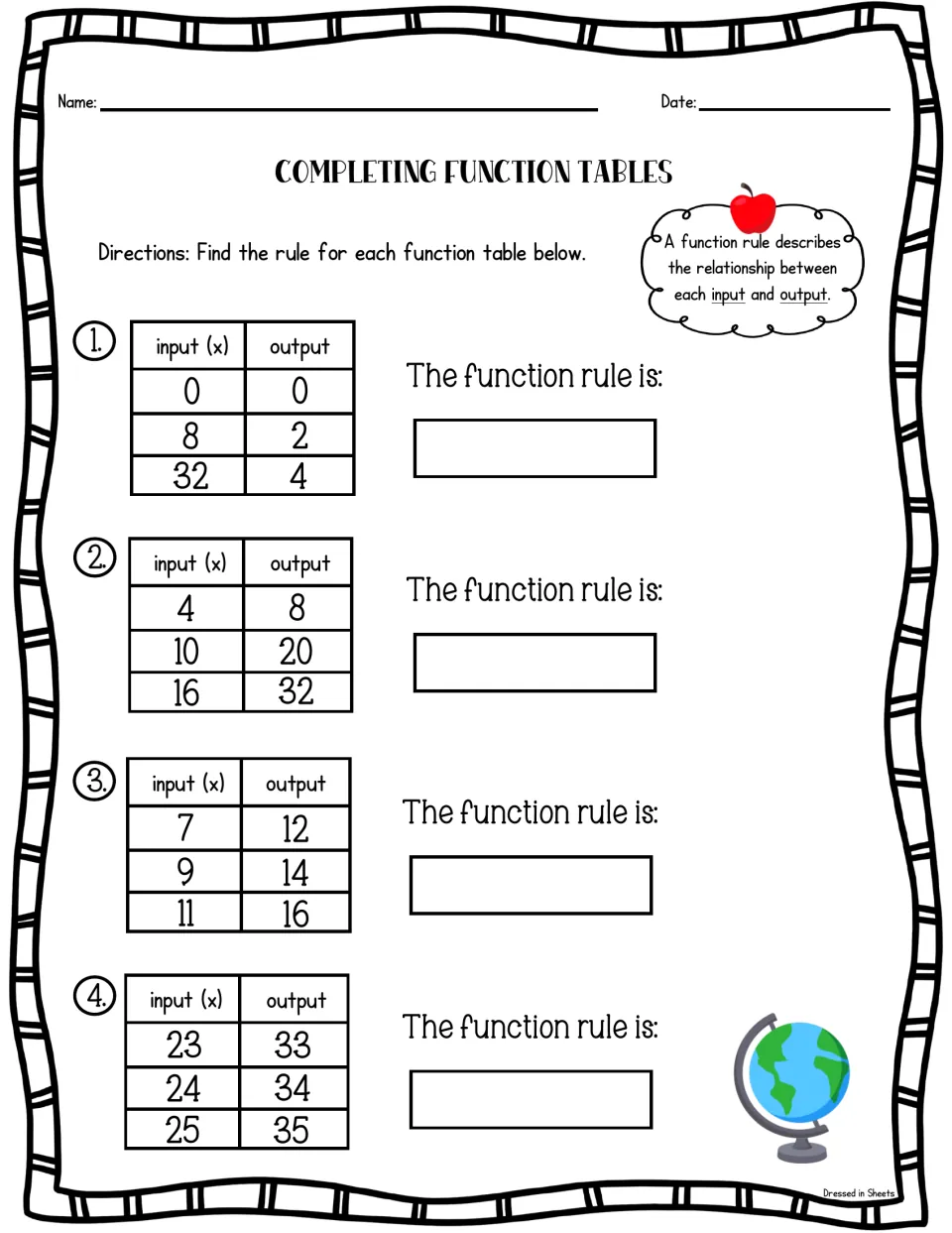 Finding the rule, set 2: students write the rule for 4 tables with pairs like 4 to 8, 7 to 12 and 23 to 33 using input x
