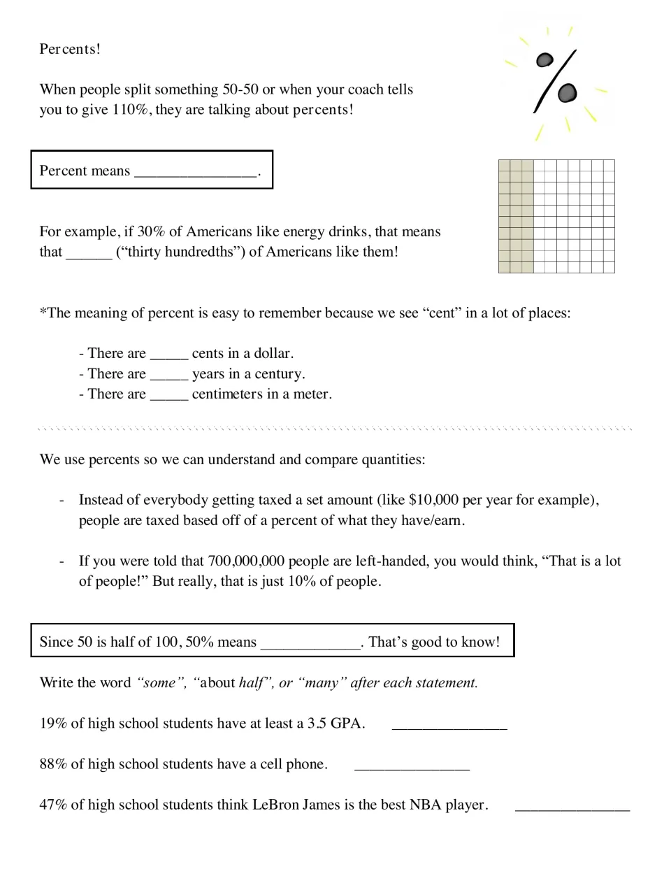 Guided notes introduce percent as hundredths, explain 50%, and compare statements using 19%, 88%, and 47%.