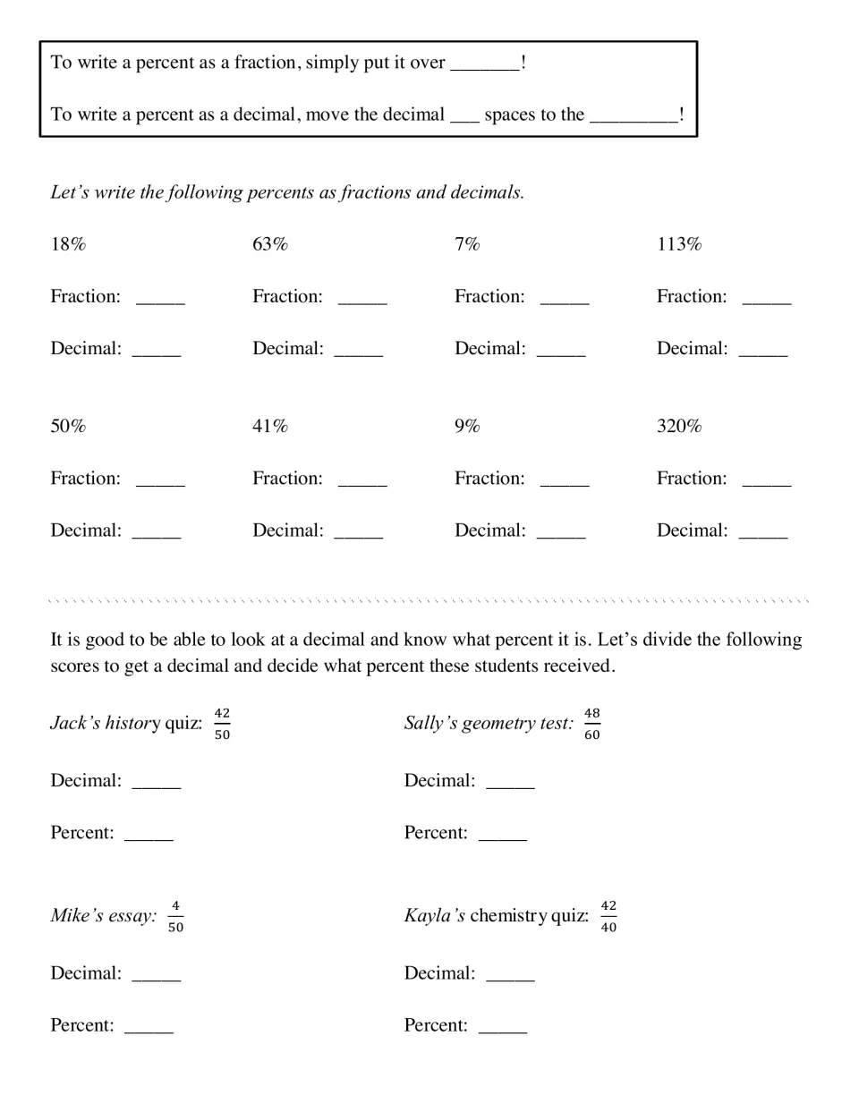 Guided notes practice converting eight percents to fractions and decimals, then converting four student scores.