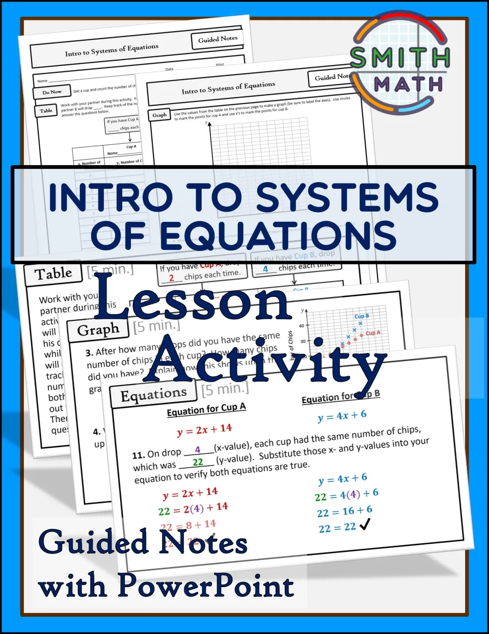 Lesson activity cover for an introduction to systems of equations, featuring guided notes with PowerPoint