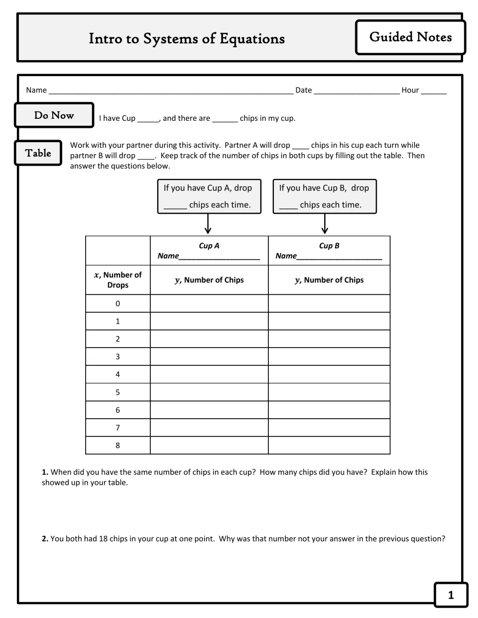 Guided notes page 1: partners record chips in Cups A and B for drops 0–8 and compare when amounts match