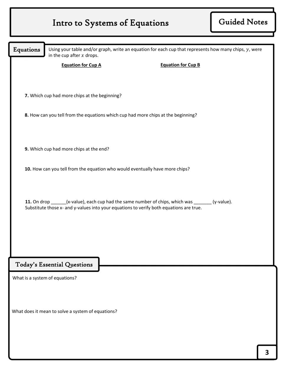 Guided notes page 3: write equations for Cups A and B, verify matching values, and define a system