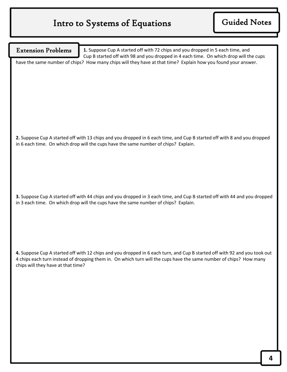 Guided notes page 4: four cup-and-chip extension problems explore matching amounts and adding or removing chips