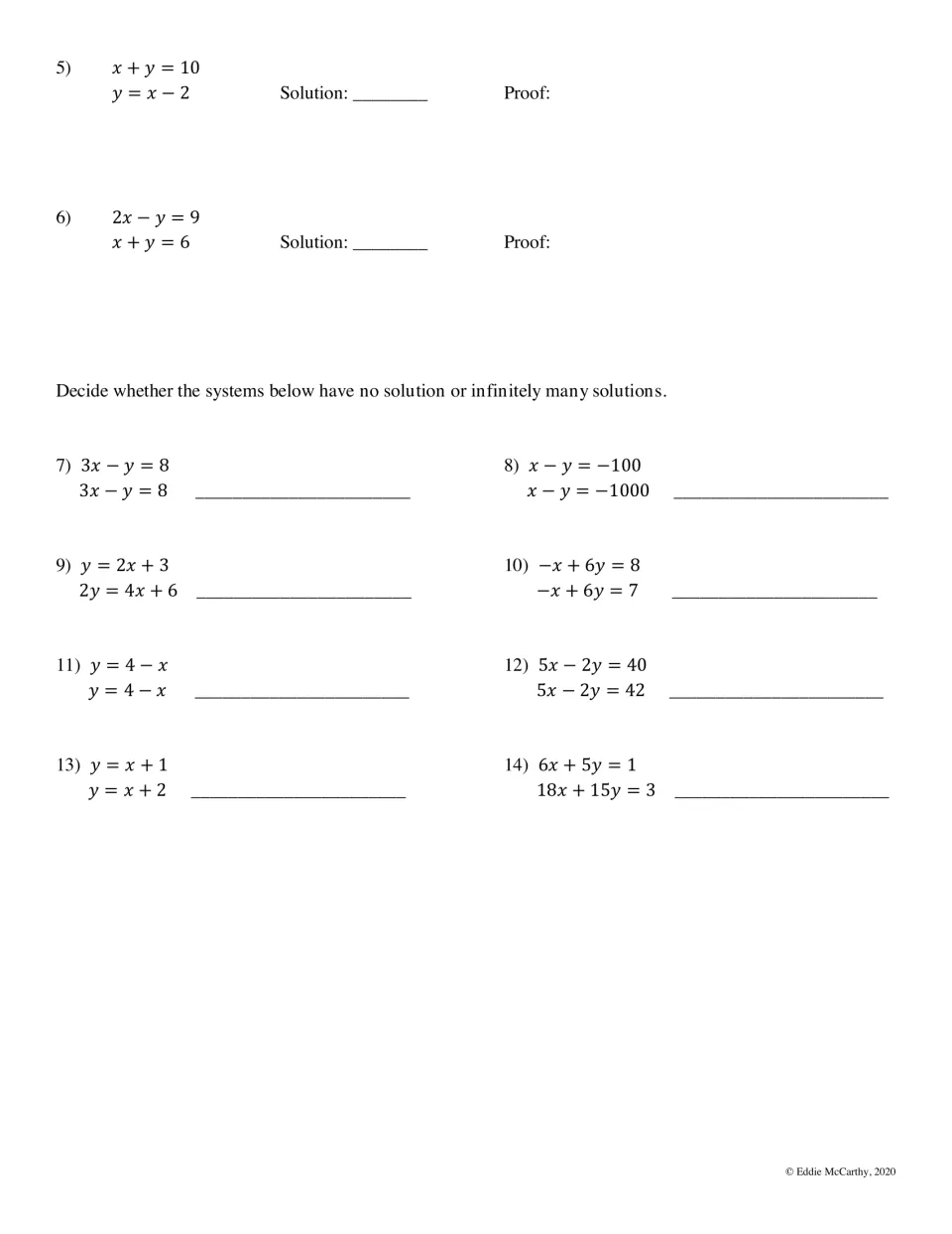 Systems of equations practice: students solve and prove 2 systems, then label 8 systems as no solution or infinitely many