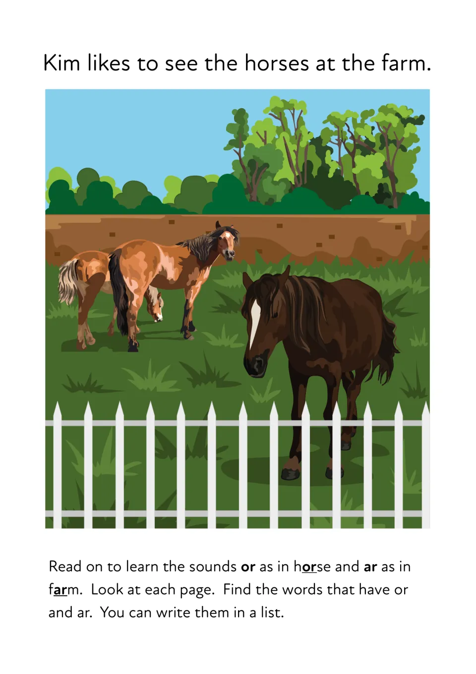Horses at the farm picture: students learn or as in horse and ar as in farm, then find and list or and ar words