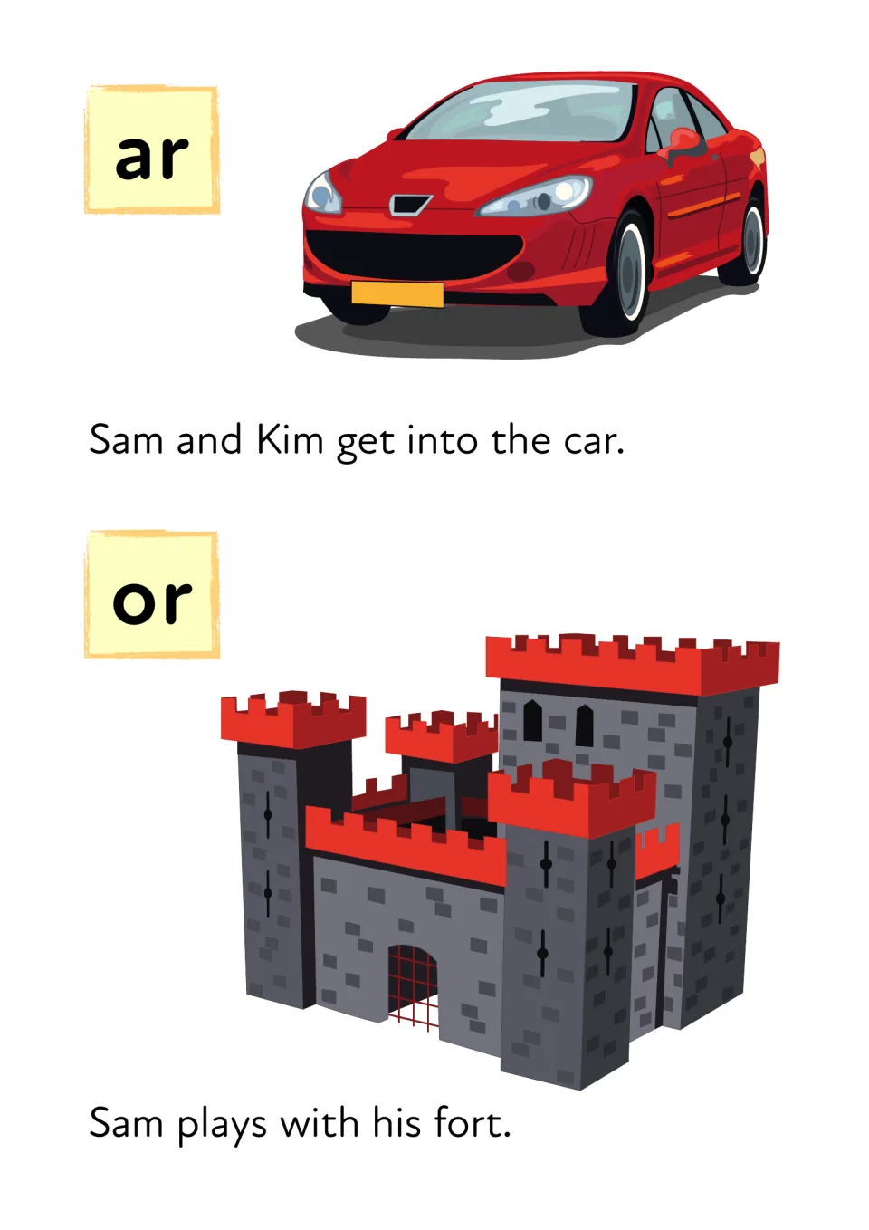Sound cards ar and or: a red car with 'Sam and Kim get into the car' and a castle with 'Sam plays with his fort'