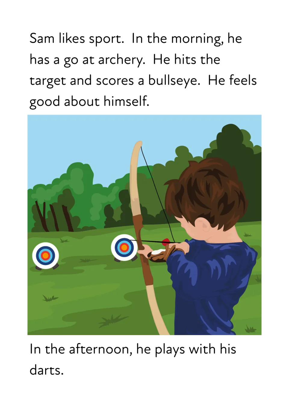 Sam at archery: sentences about sport, morning, target and darts give practice reading words with or and ar