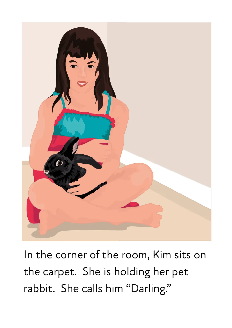 Kim sits on the carpet in the corner holding her pet rabbit Darling; students read corner, carpet and Darling