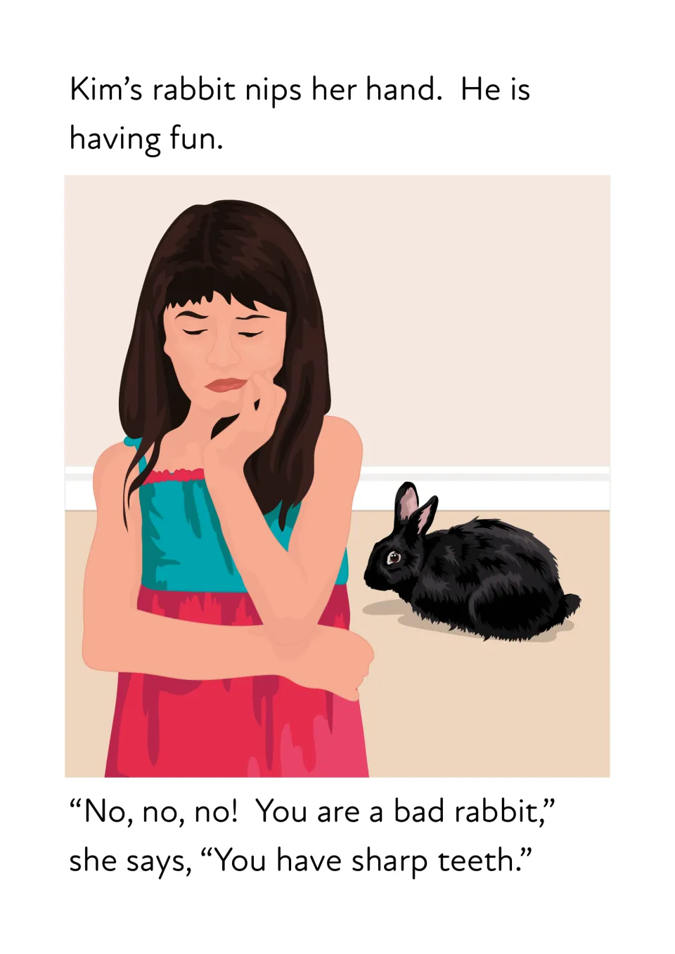 Kim's rabbit nips her hand: a short story page with dialogue where students read the ar word sharp in context