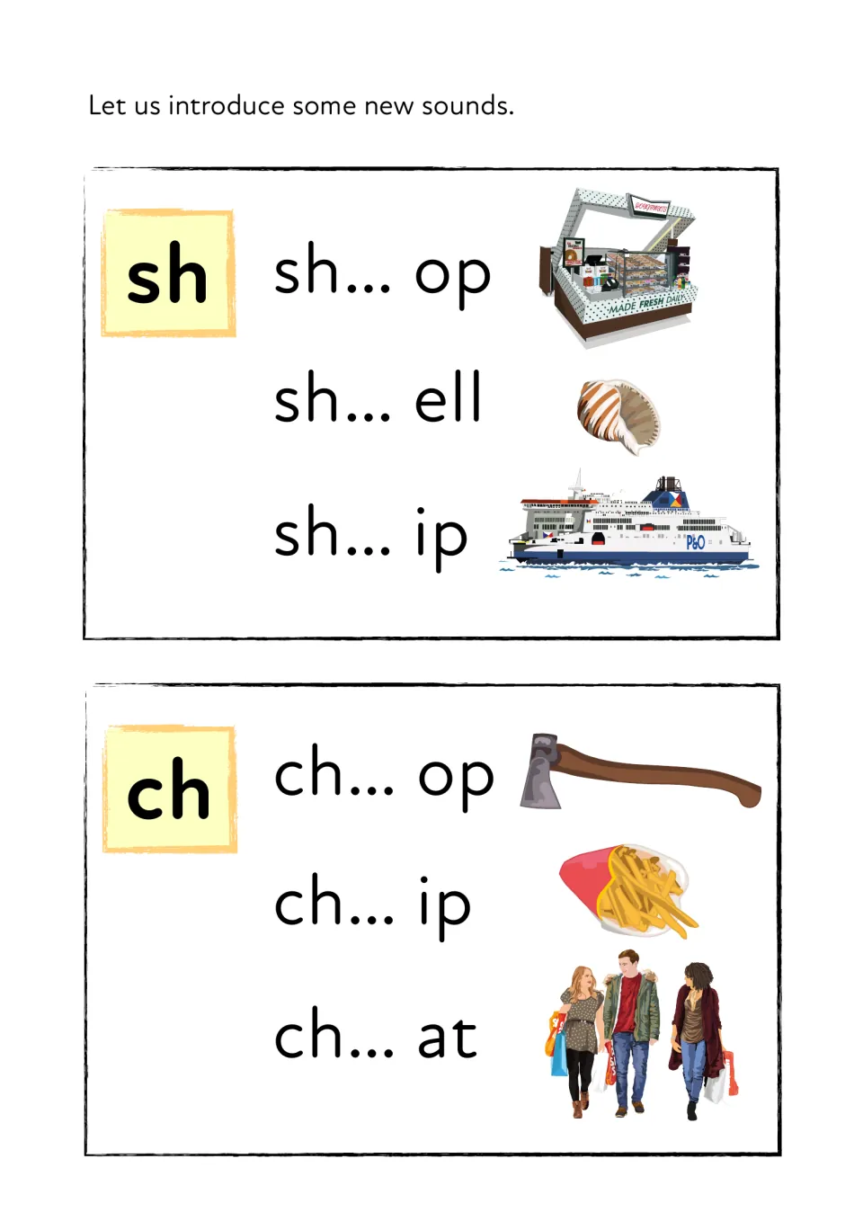 New sounds sh and ch: children blend sh-op, sh-ell, sh-ip and ch-op, ch-ip, ch-at, each word shown with a matching picture