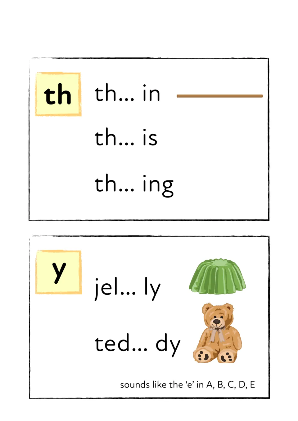 Sounds th and y: children blend th-in, th-is, th-ing, then jel-ly and ted-dy, where y sounds like the letter E