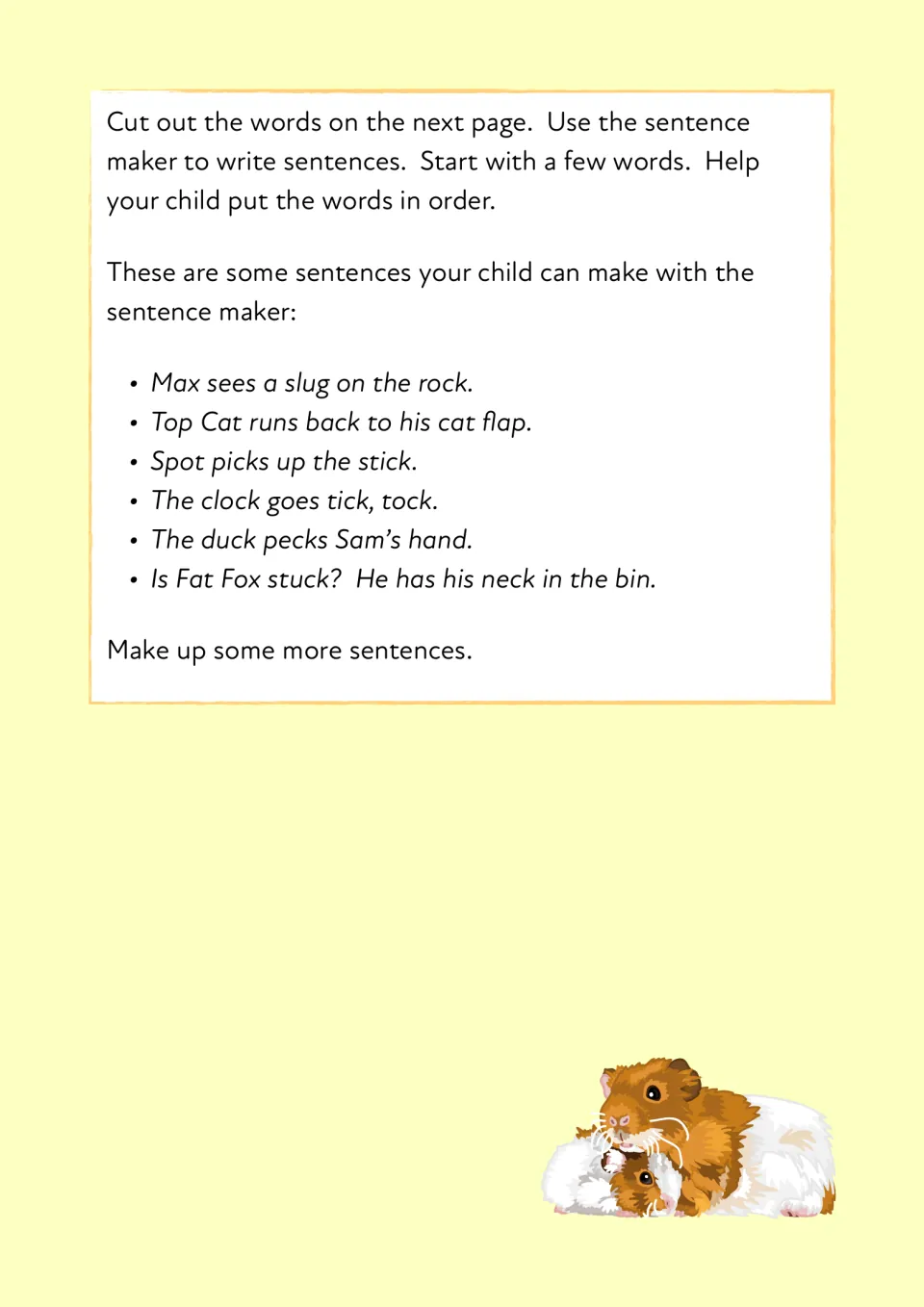 Sentence-maker directions give six examples to build with cutout words, including Spot picks up the stick