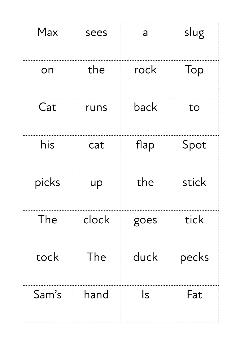 First sentence-maker sheet has 32 cutout word cards, including Max, slug, rock, Spot, stick, and duck