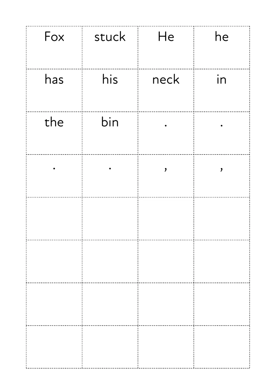 Second sentence-maker sheet adds Fox, stuck, He, he, has, his, neck, in, the, bin, and punctuation cards