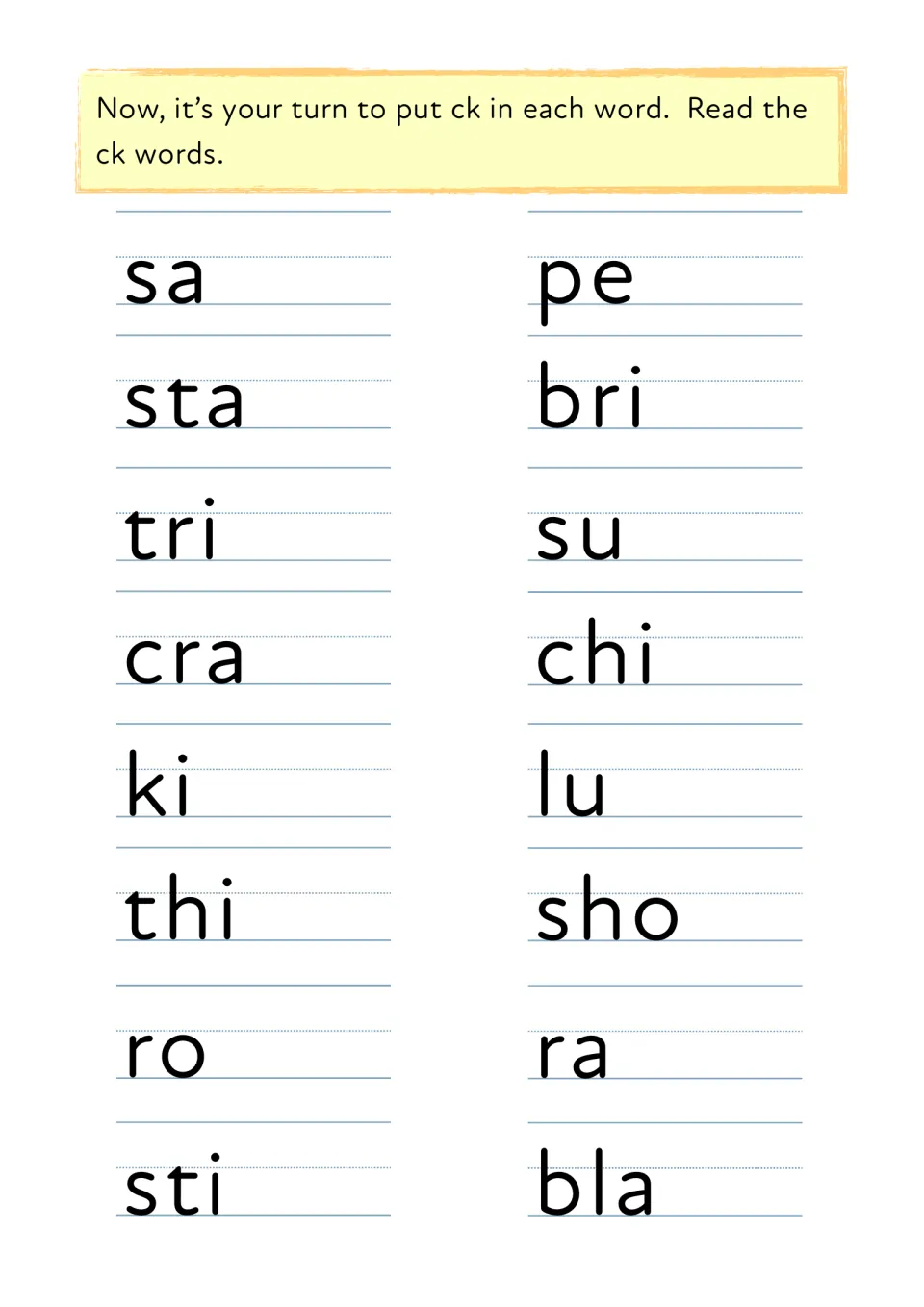 Word-completion activity asks students to add ck to 16 word beginnings, including sa, sta, tri, and cra