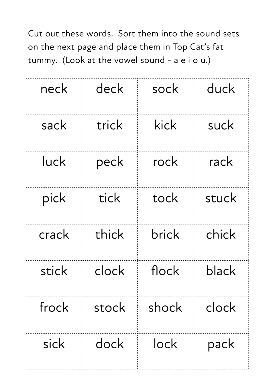 Vowel-sorting activity provides 32 cutout ck word cards, including neck, deck, sock, duck, sack, and trick