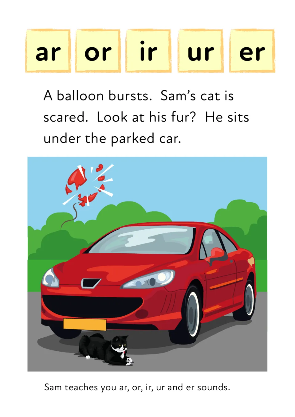 ar, or, ir, ur and er sound tiles above a short story: a balloon bursts and Sam's scared cat sits under the parked car