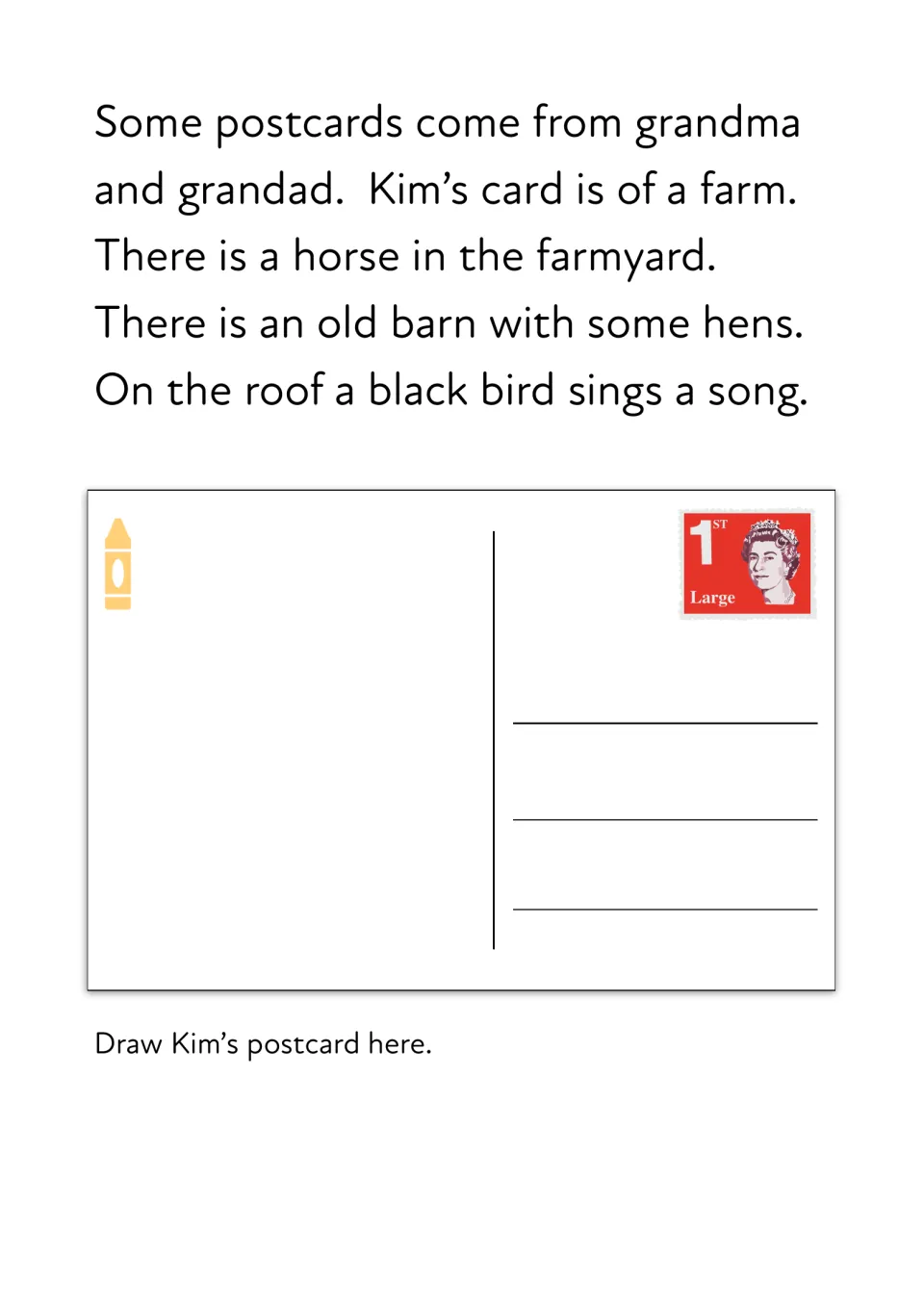 Postcard story: Kim's card shows a farm, horse, barn and hens; students read it and draw Kim's postcard in the frame