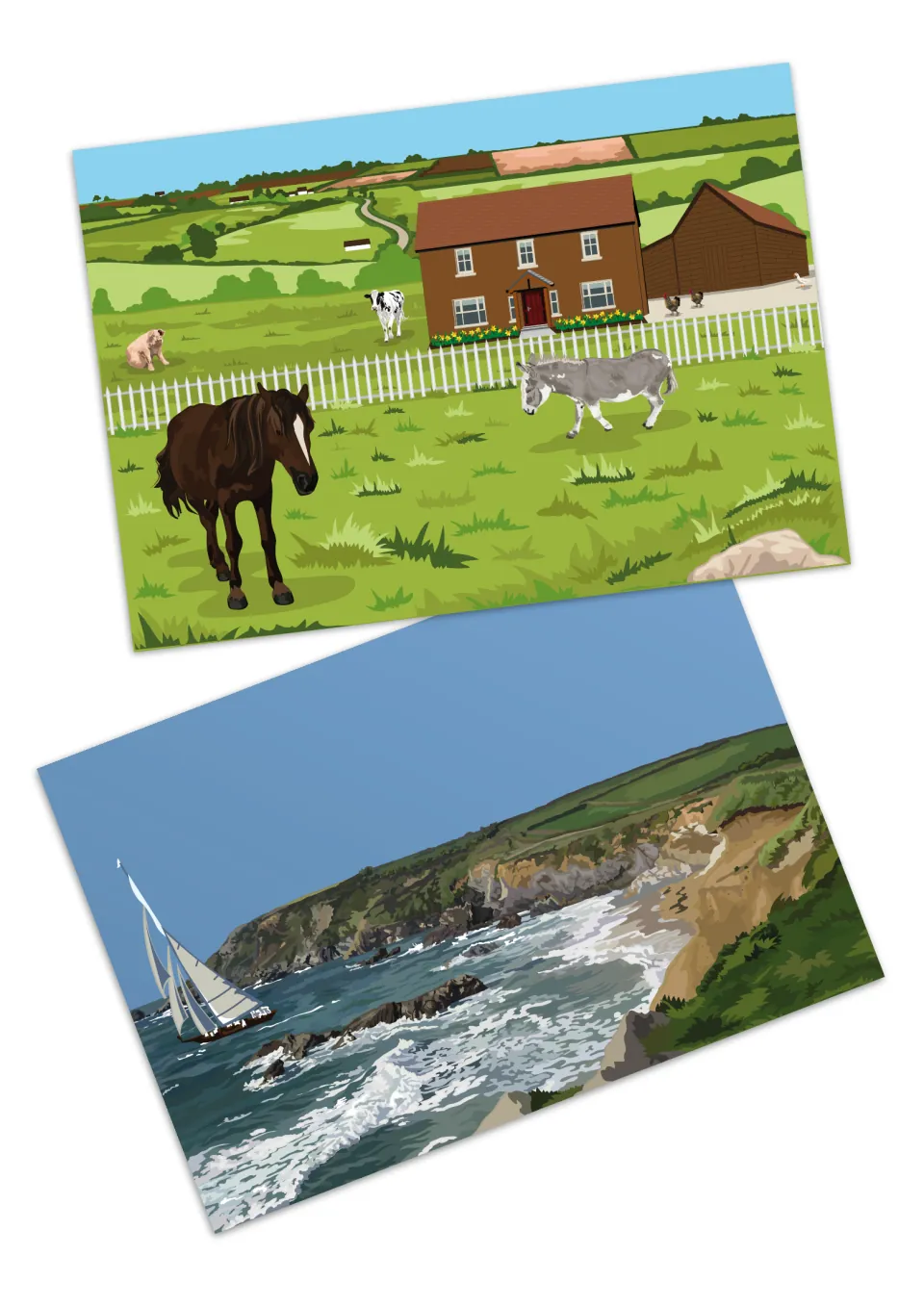Two illustrated postcards: a farm with a horse, donkey, cow, pig and barn, and a sailing ship off a rocky coast