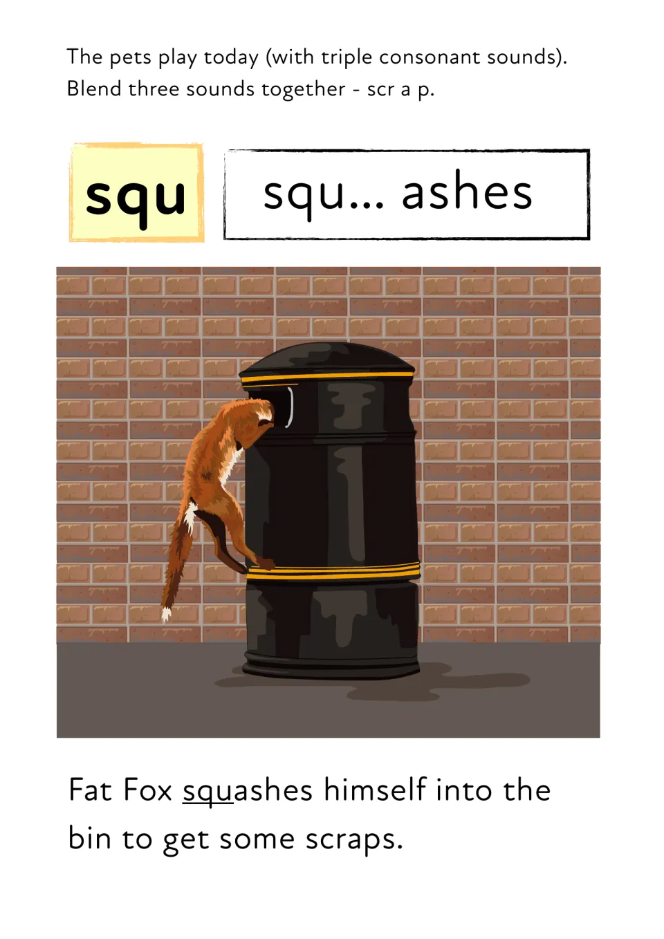 Triple consonant blend squ: students blend squ... ashes and read 'Fat Fox squashes himself into the bin to get some scraps'