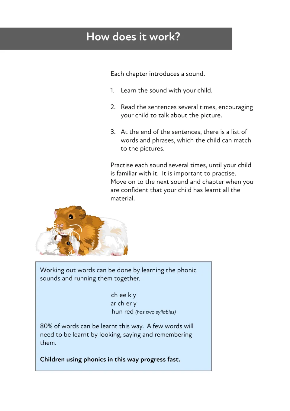 How does it work? Three steps for adults: learn each sound, read sentences together, then match words to pictures