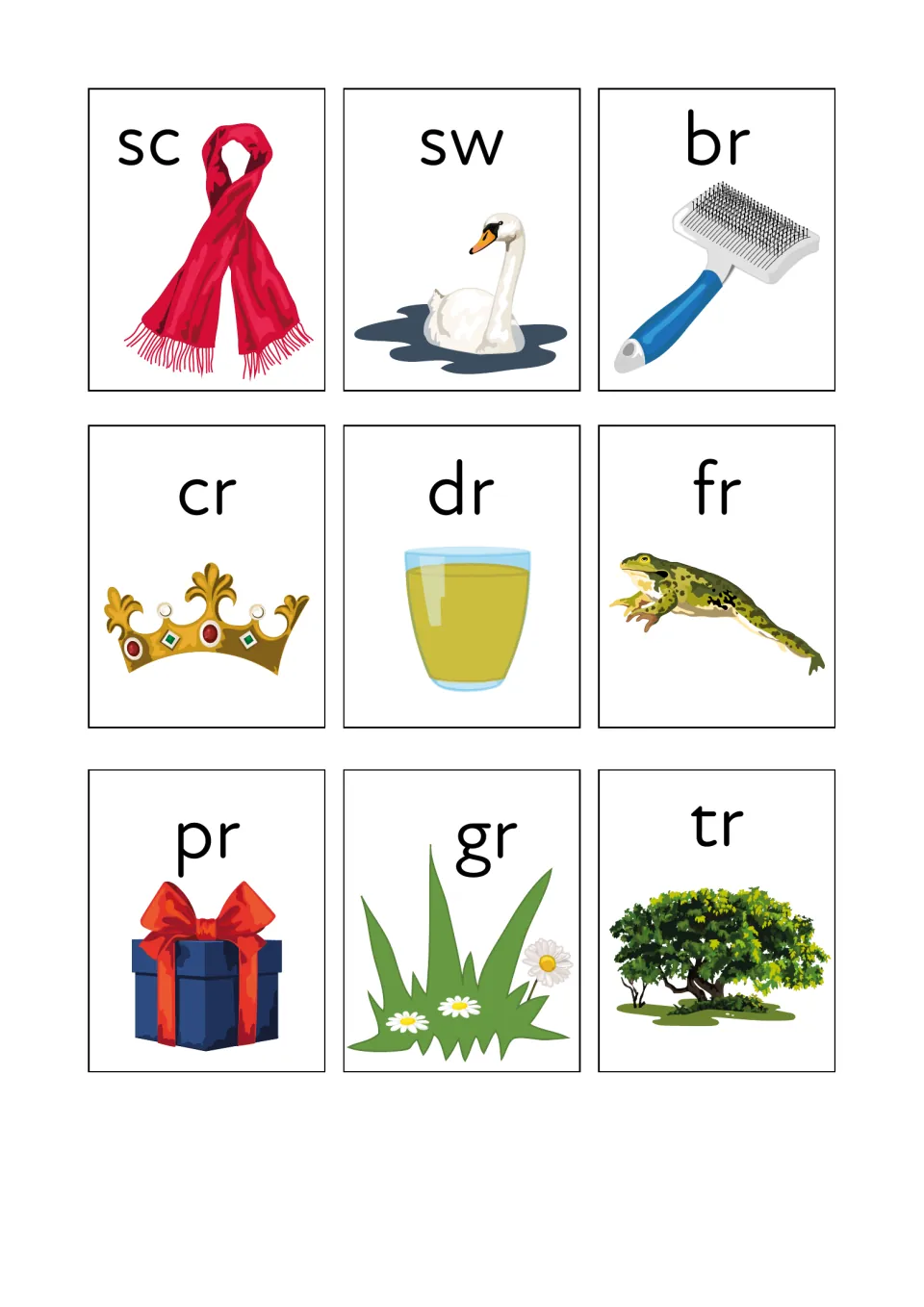 Blend picture cards for sc scarf, sw swan, br brush, cr crown, dr drink, fr frog, pr present, gr grass and tr tree