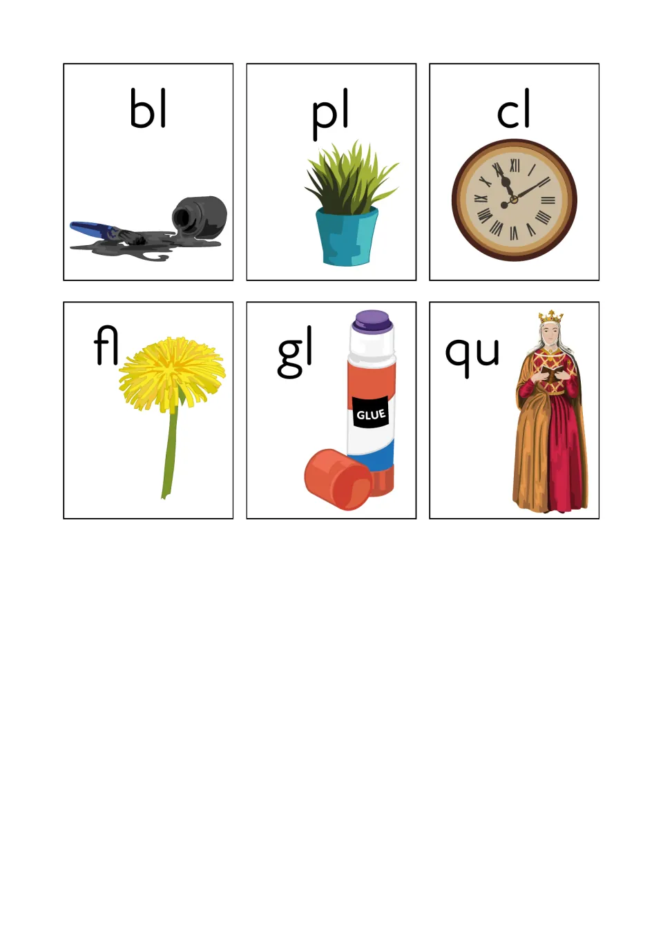 L-blend and qu sound cards: bl blot of ink, pl plant, cl clock, fl flower, gl glue stick and qu queen