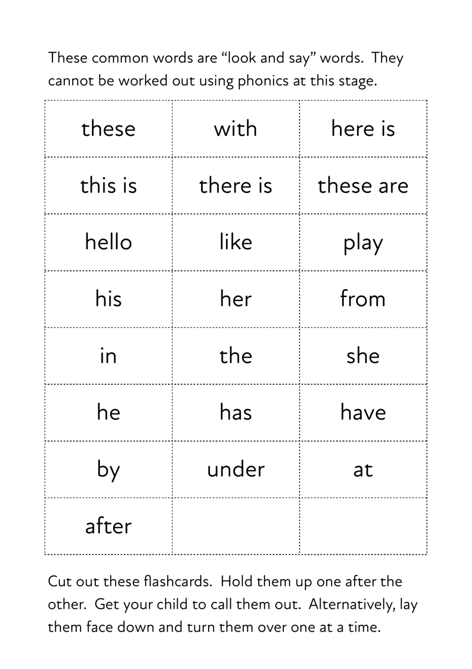 Look and say sight word flashcards to cut out, including these, with, here is, hello, play, the, she, under and after