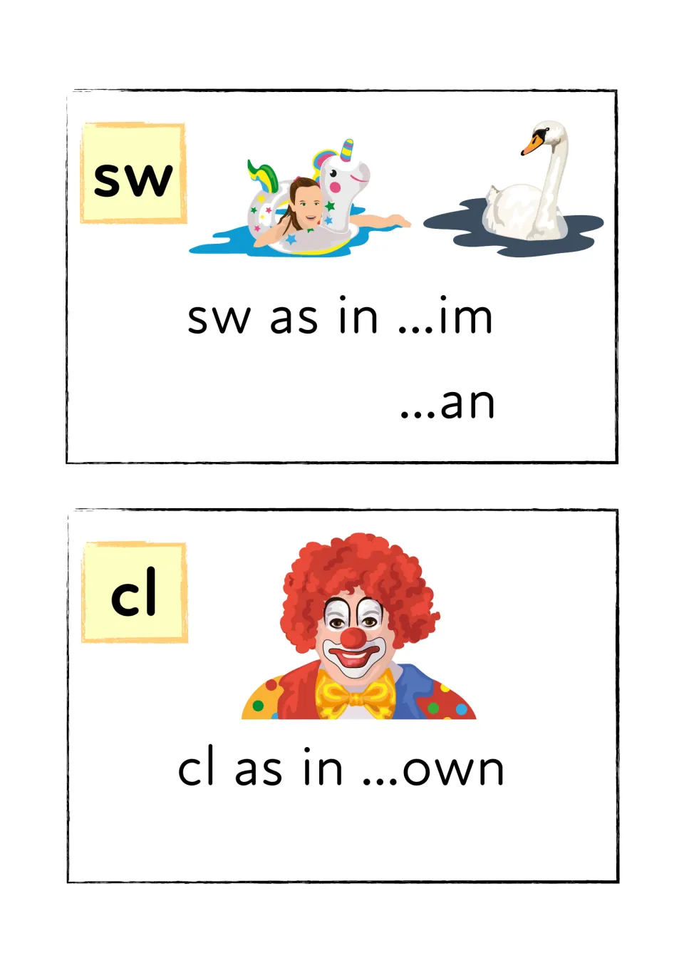 Sounding out sw and cl: a girl swimming, a swan and a clown are clues for completing the words swim, swan and clown