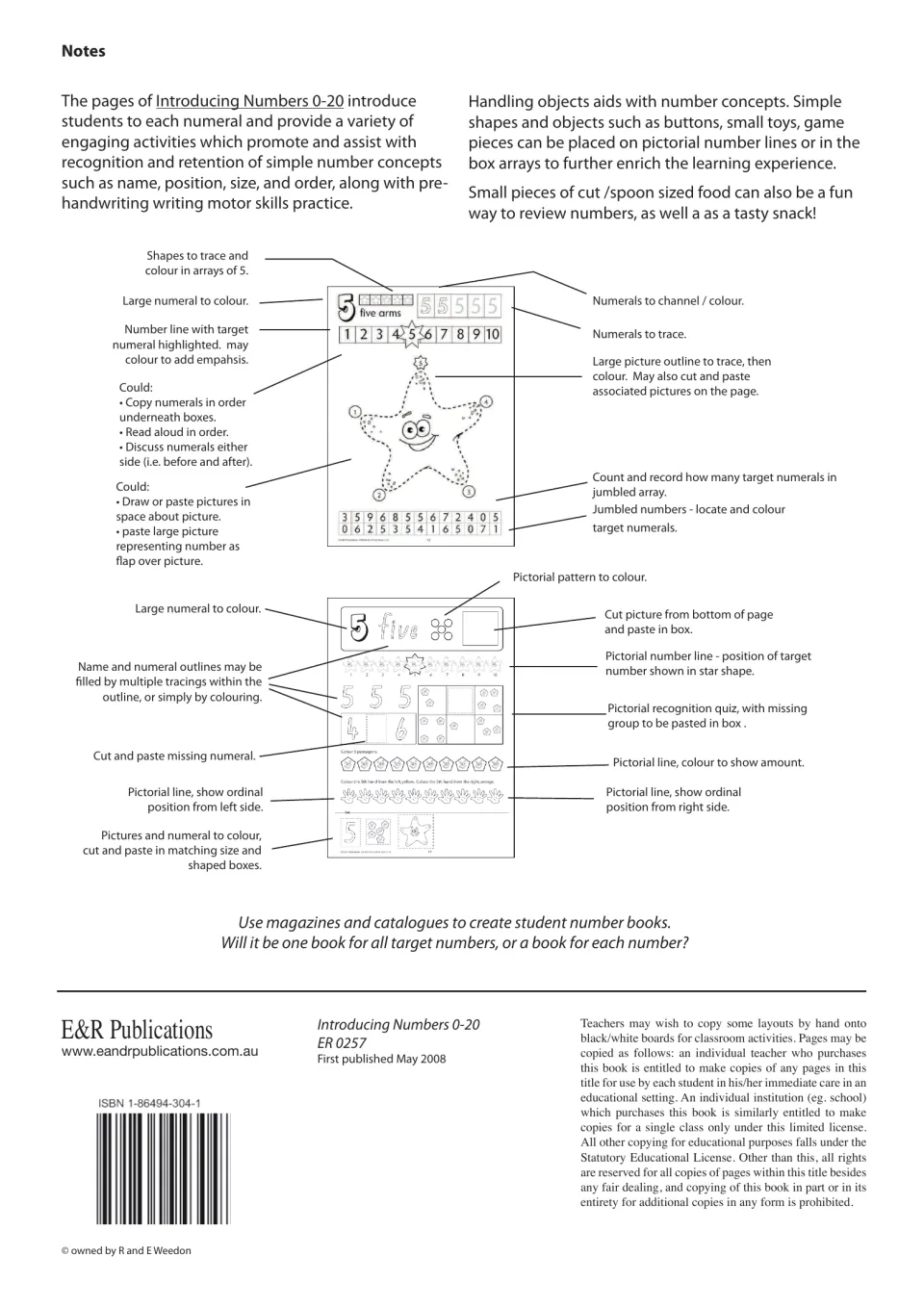 Teacher notes explain numeral tracing, counting, number order, and cut-and-paste tasks using sample pages