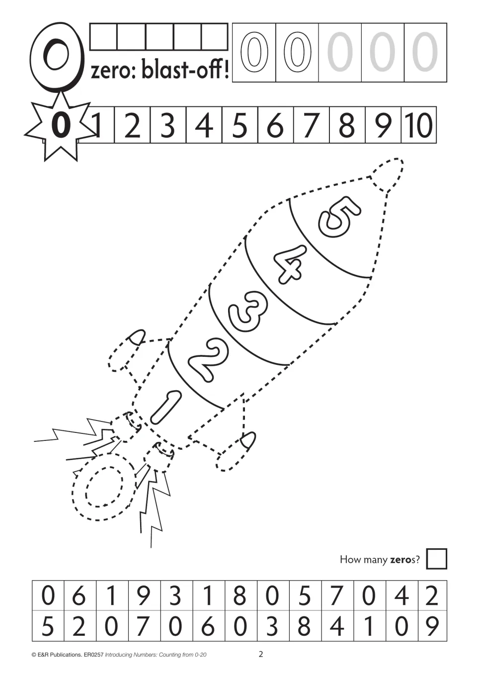 First zero activity: trace 0, follow a number sequence, trace a countdown rocket, and find and count zeros