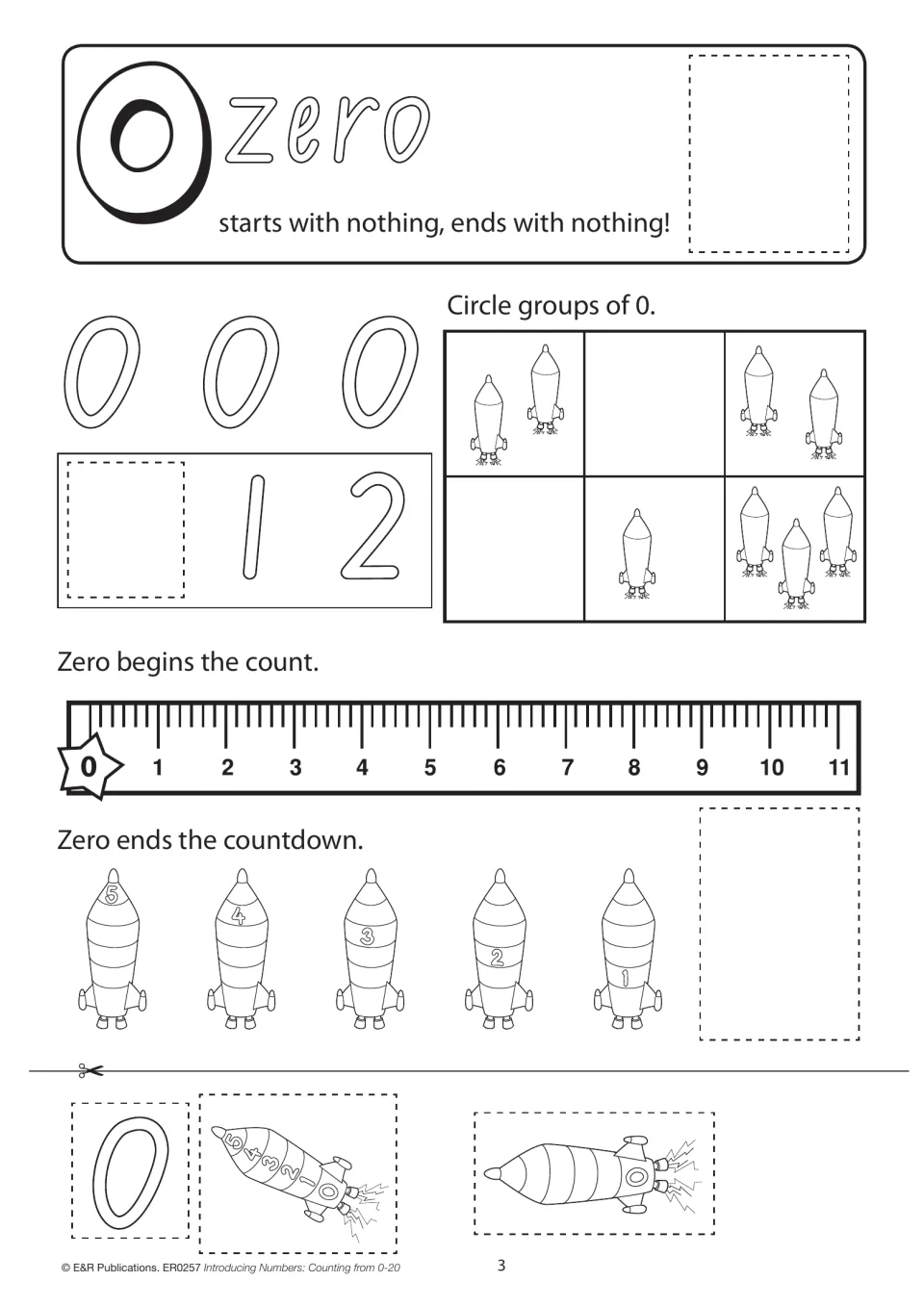 Second zero activity: trace zero, circle groups of 0, and cut and paste pieces to complete a countdown