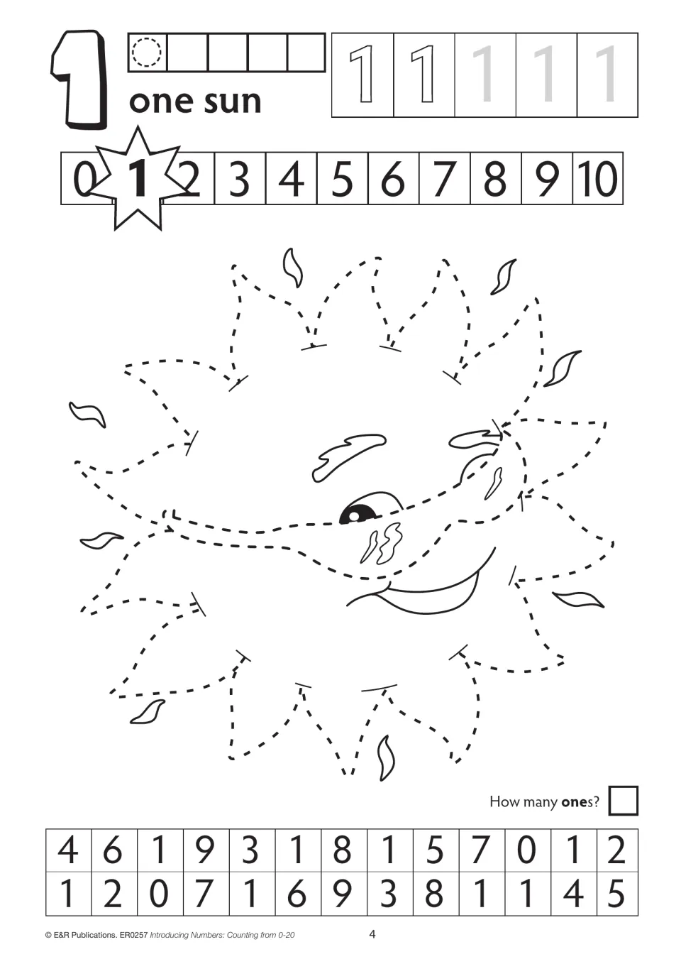 First one activity: trace numeral 1 and a sun, locate 1 in the number sequence, and find and count ones